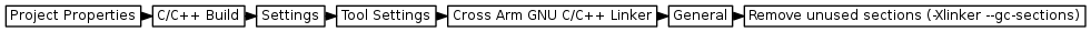 digraph {
         graph [rankdir="LR", ranksep=.01, bgcolor=transparent];
         node [fontname="Verdana", fontsize="9", shape="rectangle", width=.1, height=.2, margin=".04,.01", style=filled, fillcolor=white];
         edge [arrowsize=.7];
         "Project Properties" -> "C/C++ Build" -> "Settings" -> "Tool Settings" -> "Cross Arm GNU C/C++ Linker" -> "General" -> "Remove unused sections (-Xlinker --gc-sections)"
     }