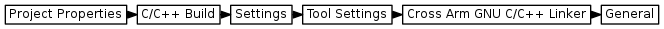 digraph {
         graph [rankdir="LR", ranksep=.01, bgcolor=transparent];
         node [fontname="Verdana", fontsize="9", shape="rectangle", width=.1, height=.2, margin=".04,.01", style=filled, fillcolor=white];
         edge [arrowsize=.7];
         "Project Properties" -> "C/C++ Build" -> "Settings" -> "Tool Settings" -> "Cross Arm GNU C/C++ Linker" -> "General"
     }
