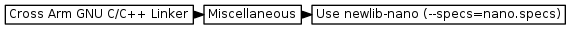 digraph { graph [rankdir="LR", ranksep=.01, bgcolor=transparent]; node [fontname="Verdana", style=filled, fillcolor=white, fontsize="9", shape="rectangle", width=.1, height=.2, margin=".04,.01"]; edge [arrowsize=.7]; "Cross Arm GNU C/C++ Linker" -> "Miscellaneous" -> "Use newlib-nano (--specs=nano.specs)" ; }