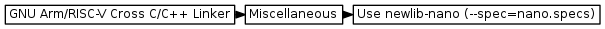 digraph { graph [rankdir="LR", ranksep=.01, bgcolor=transparent]; node [fontname="Verdana", style=filled, fillcolor=white, fontsize="9", shape="rectangle", width=.1, height=.2, margin=".04,.01"]; edge [arrowsize=.7]; "GNU Arm/RISC-V Cross C/C++ Linker" -> "Miscellaneous" -> "Use newlib-nano (--spec=nano.specs)"; }