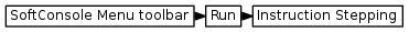 digraph {
         graph [rankdir="LR", ranksep=.01, bgcolor=transparent];
         node [fontname="Verdana", fontsize="9", shape="rectangle", width=.1, height=.2, margin=".04,.01", style=filled, fillcolor=white];
         edge [arrowsize=.7];
         "SoftConsole Menu toolbar" -> "Run" -> "Instruction Stepping"
     }