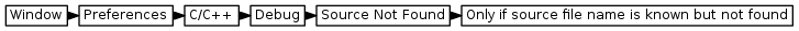 digraph {
         graph [rankdir="LR", ranksep=.01, bgcolor=transparent];
         node [fontname="Verdana", fontsize="9", shape="rectangle", width=.1, height=.2, margin=".04,.01", style=filled, fillcolor=white];
         edge [arrowsize=.7];
         "Window" -> "Preferences" -> "C/C++" -> "Debug" -> "Source Not Found" -> "Only if source file name is known but not found"
     }