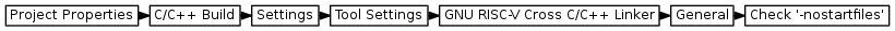 digraph { graph [rankdir="LR", ranksep=.01, bgcolor=transparent]; node [fontname="Verdana", style=filled, fillcolor=white, fontsize="9", shape="rectangle", width=.1, height=.2, margin=".04,.01"]; edge [arrowsize=.7]; "Project Properties" -> "C/C++ Build" -> "Settings" -> "Tool Settings" -> "GNU RISC-V Cross C/C++ Linker" -> "General" -> "Check '-nostartfiles'"; }