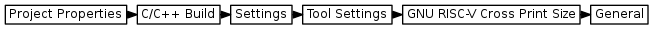 digraph {
         graph [rankdir="LR", ranksep=.01, bgcolor=transparent];
         node [fontname="Verdana", fontsize="9", shape="rectangle", width=.1, height=.2, margin=".04,.01", style=filled, fillcolor=white];
         edge [arrowsize=.7];
         "Project Properties" -> "C/C++ Build" -> "Settings" -> "Tool Settings" -> "GNU RISC-V Cross Print Size" -> "General"
     }