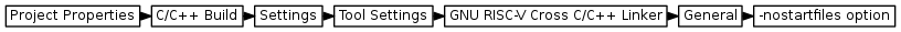 digraph {
         graph [rankdir="LR", ranksep=.01, bgcolor=transparent];
         node [fontname="Verdana", fontsize="9", shape="rectangle", width=.1, height=.2, margin=".04,.01", style=filled, fillcolor=white];
         edge [arrowsize=.7];
         "Project Properties" -> "C/C++ Build" -> "Settings" -> "Tool Settings" -> "GNU RISC-V Cross C/C++ Linker" -> "General" -> "-nostartfiles option"
     }