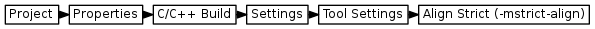 digraph {
         graph [rankdir="LR", ranksep=.01, bgcolor=transparent];
         node [fontname="Verdana", fontsize="9", shape="rectangle", width=.1, height=.2, margin=".04,.01", style=filled, fillcolor=white];
         edge [arrowsize=.7];
         "Project" -> "Properties" -> "C/C++ Build" -> "Settings" -> "Tool Settings" -> "Align Strict (-mstrict-align)"
     }