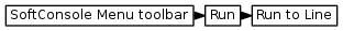 digraph {
         graph [rankdir="LR", ranksep=.01, bgcolor=transparent];
         node [fontname="Verdana", fontsize="9", shape="rectangle", width=.1, height=.2, margin=".04,.01", style=filled, fillcolor=white];
         edge [arrowsize=.7];
         "SoftConsole Menu toolbar" -> "Run" -> "Run to Line"
     }