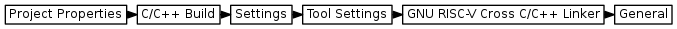 digraph {
         graph [rankdir="LR", ranksep=.01, bgcolor=transparent];
         node [fontname="Verdana", fontsize="9", shape="rectangle", width=.1, height=.2, margin=".04,.01", style=filled, fillcolor=white];
         edge [arrowsize=.7];
         "Project Properties" -> "C/C++ Build" -> "Settings" -> "Tool Settings" -> "GNU RISC-V Cross C/C++ Linker" -> "General"
     }